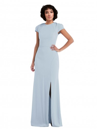 Cap Sleeves Jewel Neck Stretch Crepe Light Sky Blue Long Semi Formal Evening Dress / Bridesmaid Dress London