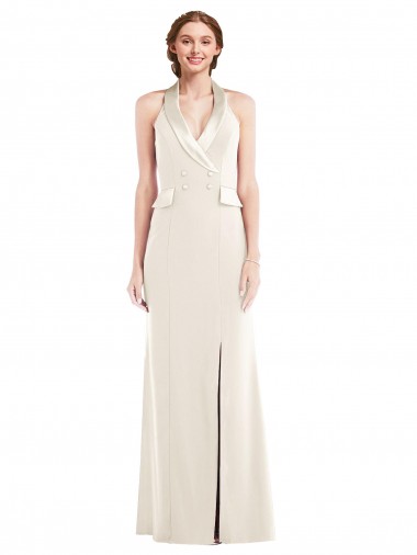 Sleeveless Halter Neck Stretch Crepe Ivory Long Semi Formal Evening Dress / Prom Dress / Bridesmaid Dress London