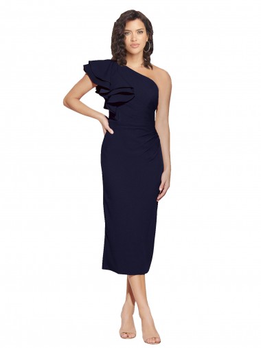 Sleeveless One Shoulder Stretch Crepe Dark Navy Midi Length Formal Evening Gown / Prom Dress / Bridesmaid Dress London
