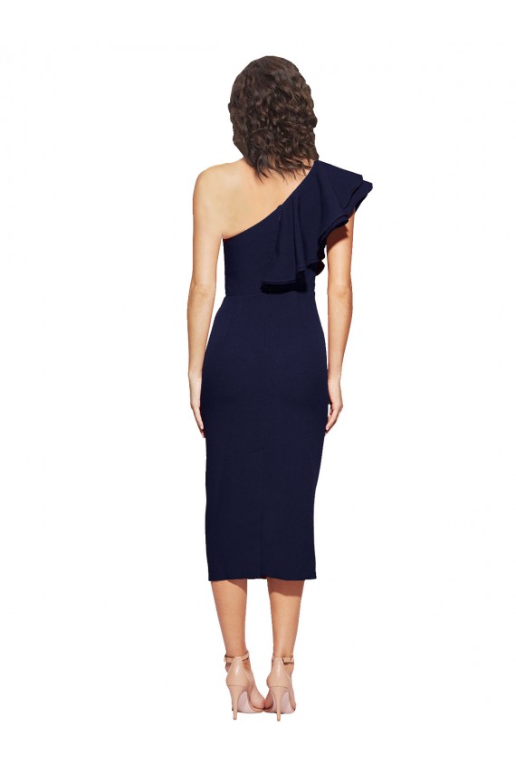 Sleeveless One Shoulder Stretch Crepe Dark Navy Midi Length Formal Evening Gown / Prom Dress / Bridesmaid Dress London