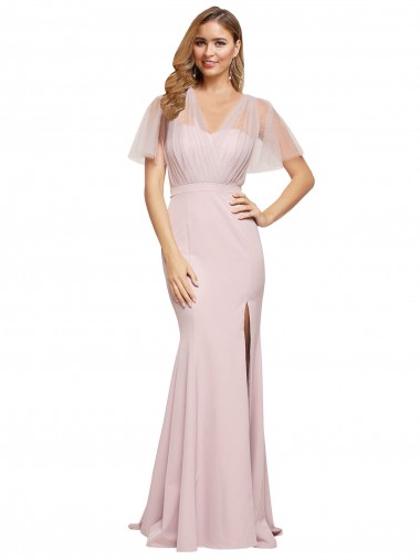 Short Sleeves Sweetheart Stretch Crepe & Tulle Mauve Long Formal Evening Gown / Prom Dress / Bridesmaid Dress London