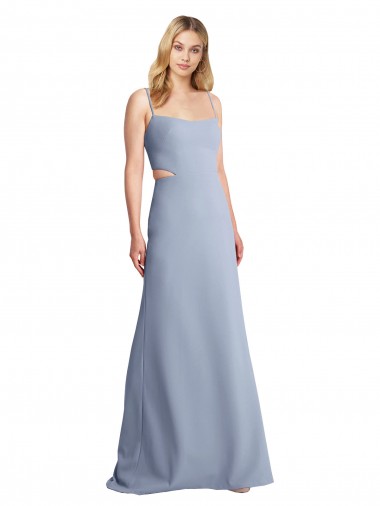 Sleeveless Scoop Neck Stretch Crepe Smoke Blue Long Prom Dress / Bridesmaid Dress London