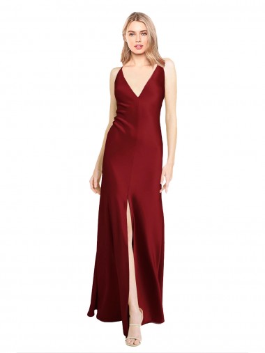 Sleeveless V-Neck Stretch Satin Burgundy Long Black Tie Evening Gown / Prom Dress / Bridesmaid Dress London