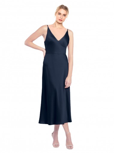 Sleeveless V-Neck Stretch Satin Dark Navy Midi Length Formal Evening Gown / Prom Dress / Bridesmaid Dress London