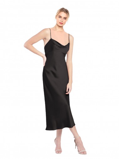 Sleeveless Cowl Neck Stretch Satin Black Midi Length Formal Evening Gown / Prom Dress / Bridesmaid Dress London