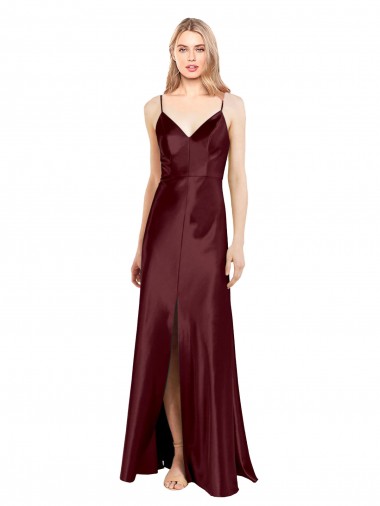 Sleeveless V-Neck Stretch Satin Burgundy Gold Long Bridesmaid Dress / Evening Dress London