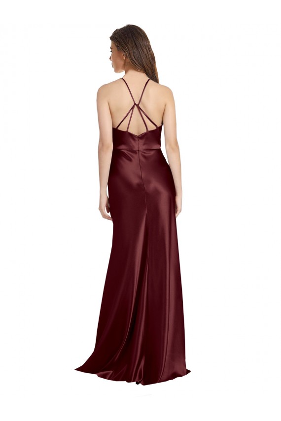Sleeveless V-Neck Stretch Satin Burgundy Gold Long Formal Evening Gown / Prom Dress / Bridesmaid Dress London