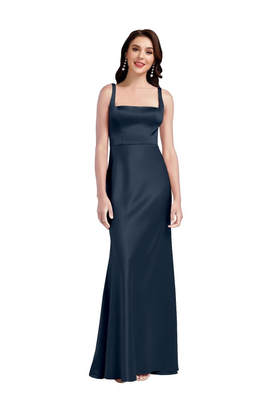 Sleeveless Square Neck Stretch Satin Dark Navy Long Formal Evening Gown / Prom Dress / Bridesmaid Dress London