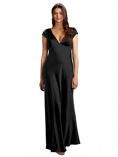 Cap Sleeves V-Neck Stretch Satin Black Long Formal Evening Gown / Prom Dress / Bridesmaid Dress London