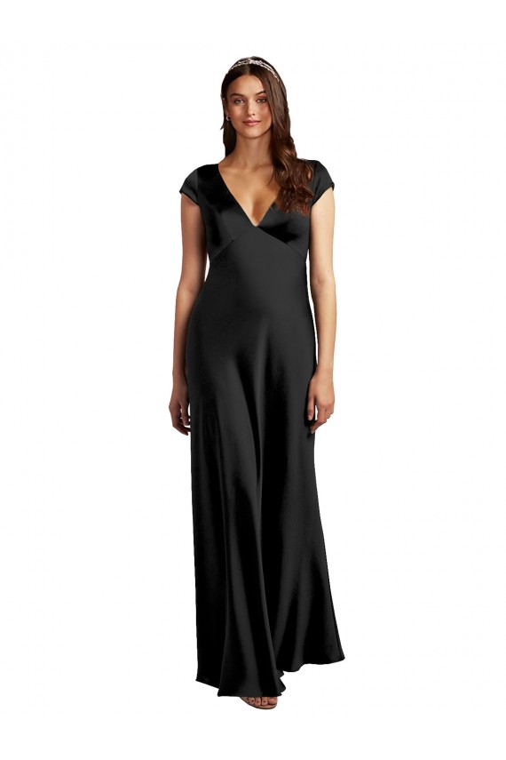 Cap Sleeves V-Neck Stretch Satin Black Long Formal Evening Gown / Prom Dress / Bridesmaid Dress London