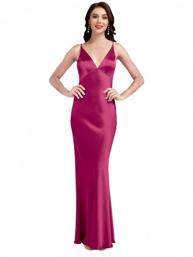 Sleeveless V-Neck Stretch Satin Fuchsia Long Formal Evening Gown / Prom Dress / Bridesmaid Dress London
