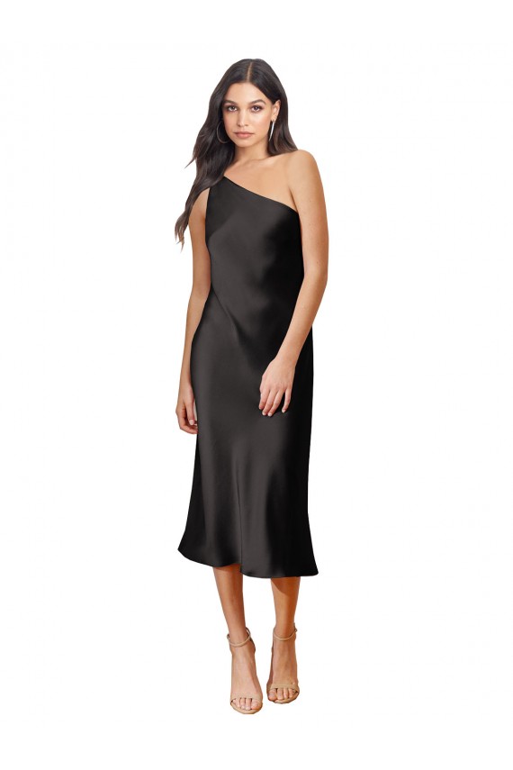 Sleeveless One Shoulder Stretch Satin Black Midi Length Black Tie Evening Dress / Prom Dress / Bridesmaid Dress London