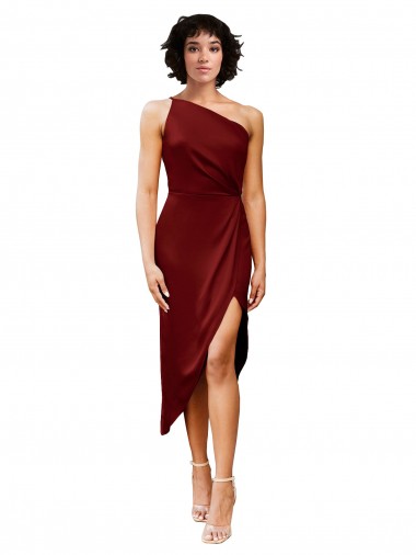 Sleeveless One Shoulder Stretch Satin Burgundy Midi Length Black Tie Evening Gown / Prom Dress / Bridesmaid Dress London