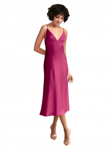 Sleeveless V-Neck Stretch Satin Fuchsia Midi Length Formal Evening Gown / Prom Dress / Bridesmaid Dress London