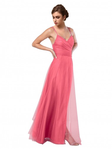Sleeveless Spaghetti Straps Tulle Watermelon Long Bridesmaid Dress London