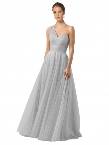 Sleeveless One Shoulder Tulle Silver Long Bridesmaid Gown London