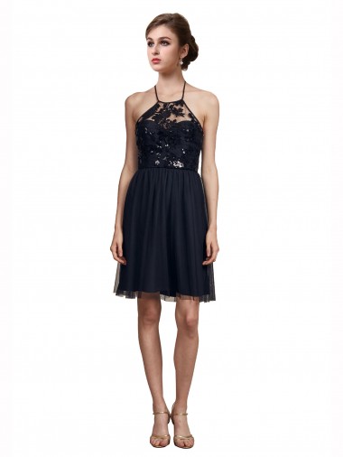 Sleeveless Halter Neck Tulle Black Knee Length Bridesmaid Gown London