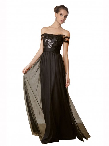 Sleeveless Off the Shoulder Tulle & Sequin Black Long Bridesmaid Dress London
