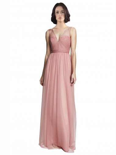 Sleeveless V-Neck Tulle Rose Pink Long Bridesmaid Dress London