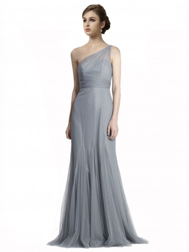 Sleeveless One Shoulder Tulle Slate Grey Long Bridesmaid Dress London