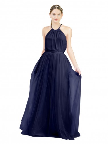 Sleeveless High Neck Tulle Navy Blue Long Semi Formal Evening Dress / Bridesmaid Dress London