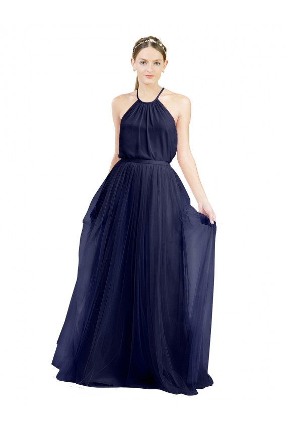 Sleeveless High Neck Tulle Navy Blue Long Semi Formal Evening Dress / Bridesmaid Dress London