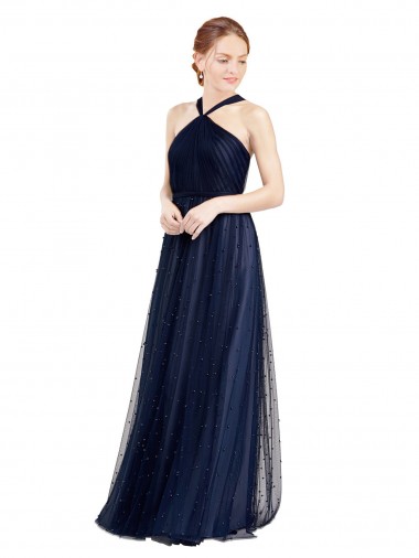 Sleeveless Halter Neck Tulle Navy Blue Long Bridesmaid Dress / Evening Dress London