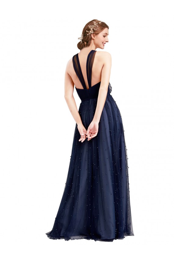 Sleeveless Halter Neck Tulle Navy Blue Long Bridesmaid Dress / Evening Dress London