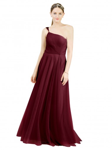 Sleeveless One Shoulder Tulle Burgundy Long Semi Formal Evening Dress / Bridesmaid Dress London