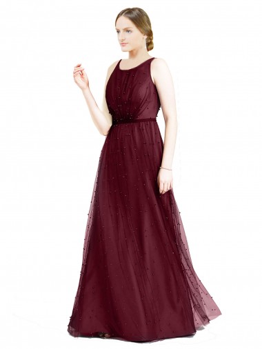 Sleeveless Boat Neck Tulle Burgundy Long Semi Formal Evening Dress / Bridesmaid Dress London