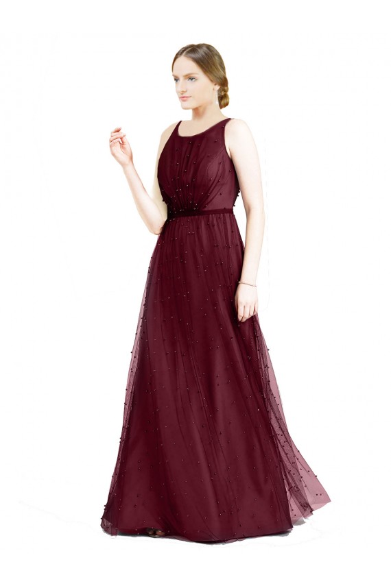 Sleeveless Boat Neck Tulle Burgundy Long Semi Formal Evening Dress / Bridesmaid Dress London