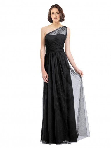 Sleeveless One Shoulder Tulle Black Long Bridesmaid Dress London