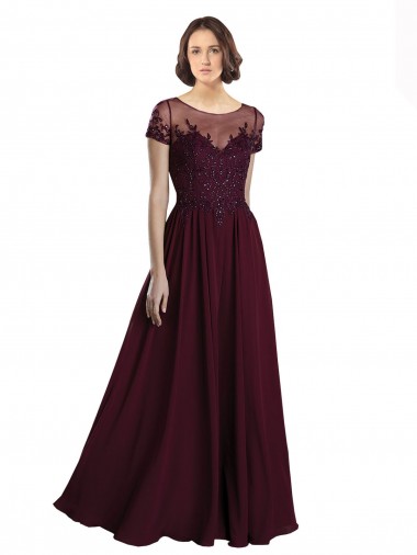 Cap Sleeves Jewel Neck Tulle & Soft Chiffon Burgundy Gold Long Bridesmaid Dress London