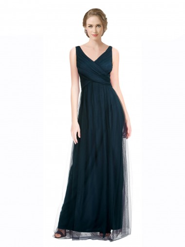 Sleeveless V-Neck Tulle Blue Long Bridesmaid Dress London