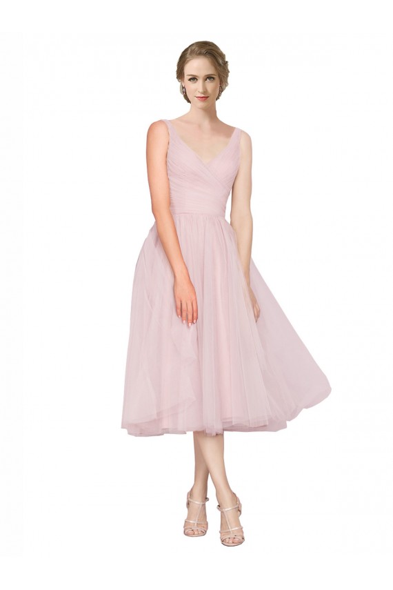 Sleeveless V-Neck Tulle Pink Tea Length Bridesmaid Dress London