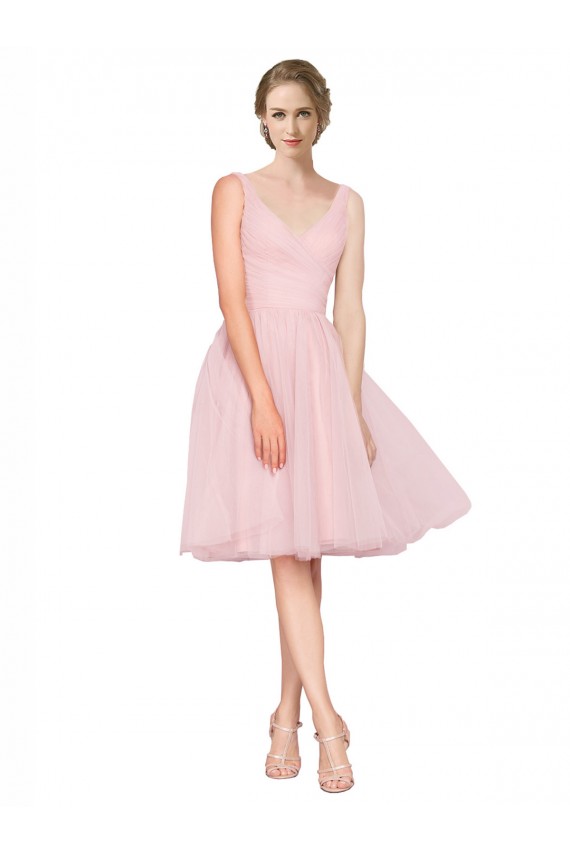 Sleeveless V-Neck Tulle Pink Knee Length Bridesmaid Gown London