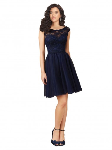 Sleeveless Bateau Neck Tulle & Lace Dark Navy Knee Length Bridesmaid Dress London
