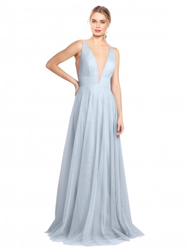 Sleeveless V-Neck Tulle Light Sky Blue Long Floor Length Bridesmaid Dress London