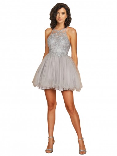 Sleeveless Halter Neck Tulle Silver Short Bridesmaid Dress London