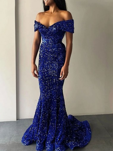 Sleeveless Off the Shoulder Velvet Sequin Royal Blue Sweep Train Prom Dresses London