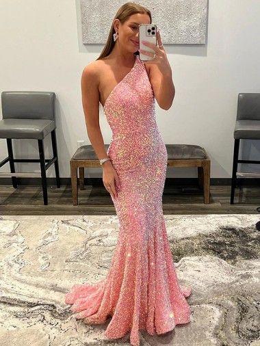 Sleeveless One Shoulder Velvet Sequin Pink Sweep Train Prom Dress London