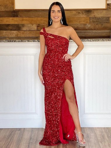 Sleeveless One Shoulder Velvet Sequin Burgundy Sweep Train Prom Dress London