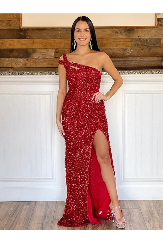 Sleeveless One Shoulder Velvet Sequin Burgundy Sweep Train Prom Dress London