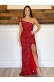 Sleeveless One Shoulder Velvet Sequin Burgundy Sweep Train Prom Dress London