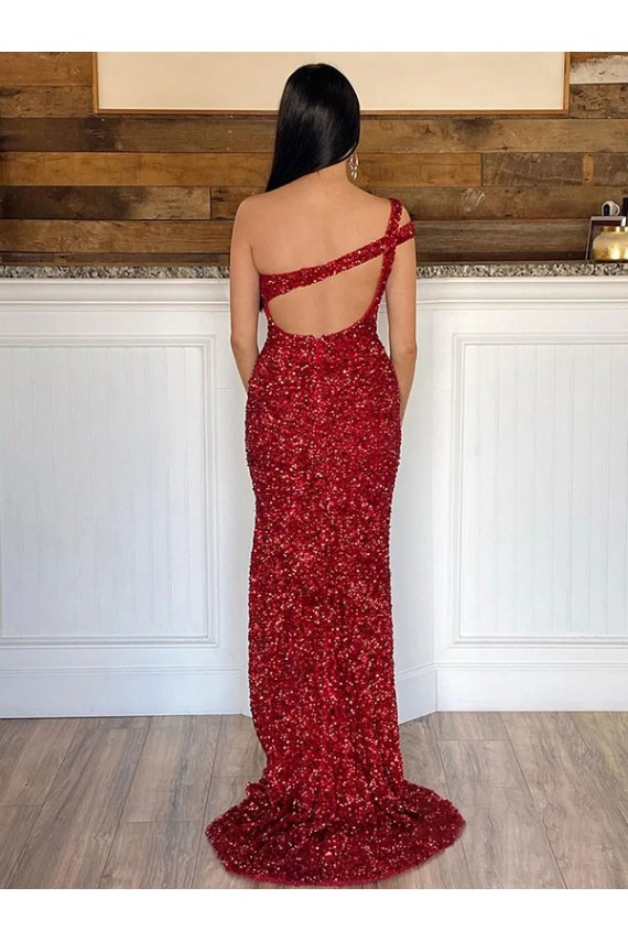 Sleeveless One Shoulder Velvet Sequin Burgundy Sweep Train Prom Dress London
