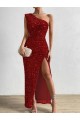 Sleeveless One Shoulder Velvet Sequin Red Long Prom Dress / Evening Dress London