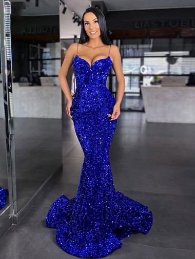 Sleeveless Spaghetti Straps Velvet Sequin Royal Blue Mermaid Sweep Train Evening Gown / Prom Dress London
