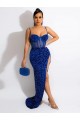 Sleeveless Spaghetti Straps Velvet Sequin Royal Blue Sweep Train Evening Dress London