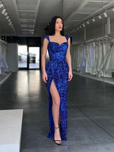 Sleeveless Spaghetti Straps Velvet Sequin Royal Blue Sweep Train Evening Gown / Prom Dress London