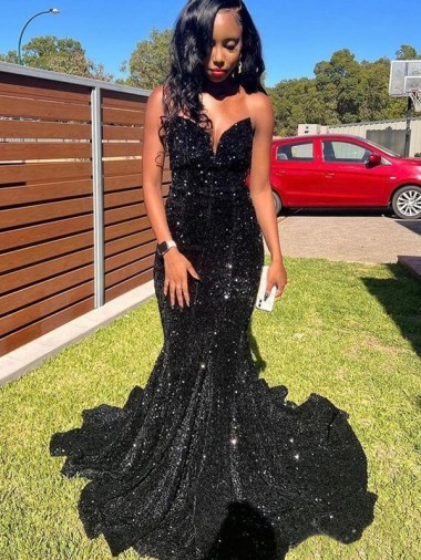 Sleeveless Sweetheart Velvet Sequin Black Long Prom Dress London